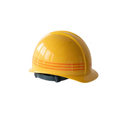 Bright yellow safety hard hat with orange stripes and grey strap safety helmet construction on a transparent background