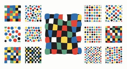 Colorful abstract patterns: squares and circles in red, blue, green, yellow, black, and white, arranged in a grid.