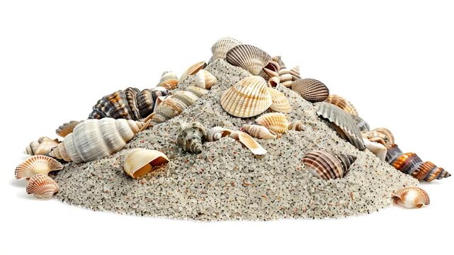 A collection of shells resting on top of a pile of sand, perfect for use in beach-themed designs