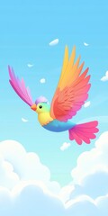 Fototapeta premium A vibrant cartoon bird with colorful feathers soars through a bright blue sky dotted with fluffy clouds, symbolizing freedom and joy.