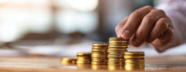 The hand stacking golden coins representing financial growth and prosperity.