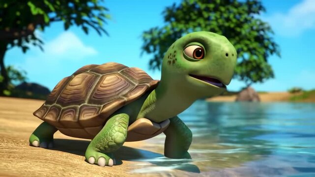 A curious animated turtle explores a tropical beach, its shell detailed, near calm water.