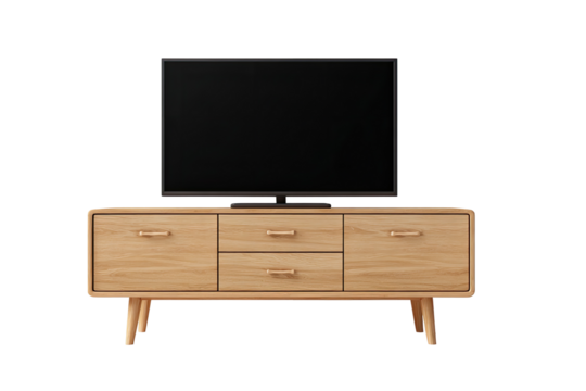 Flat-screen TV atop a light wood mid-century modern style media console with three drawers and tapered legs