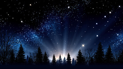 Naklejka premium A bright and snowy Christmas Eve sky with twinkling stars, space for adding text. Merry Christmas and Happy Holidays greeting card, frame, and banner. New Year. Noel. Winter Christmas theme.