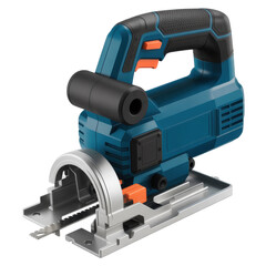 Fototapeta premium Powerful blue and black jigsaw tool with metal base and orange accents isolated on transparent background