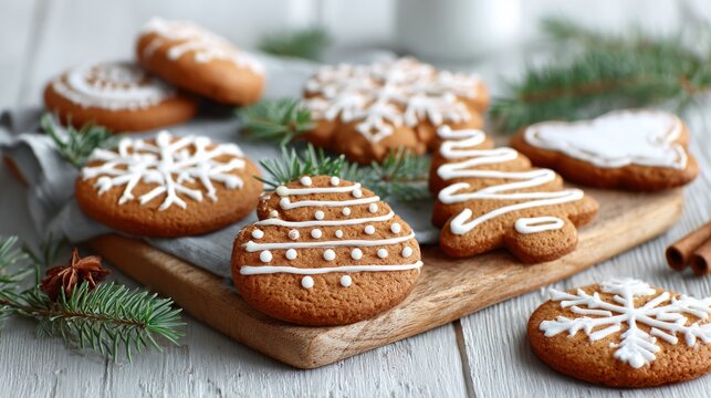 Christmas gingerbread cookies with icing on wooden table and pine branches. gingerbread cookies decorated with white icing and candy buttons, concept of Christmas holiday baking joy