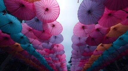 Rows of vibrant colorful paper umbrellas are suspended overhead creating a decorative canopy over an outdoor walkway during a festive event
