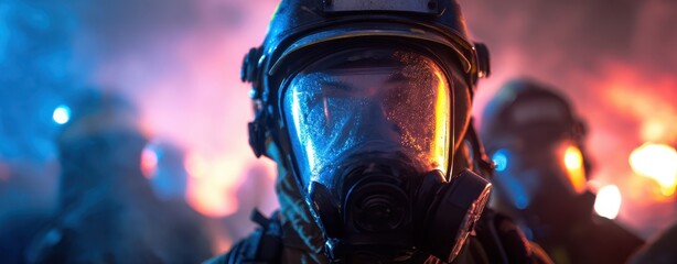The firefighter in a protective mask during an intense emergency situation