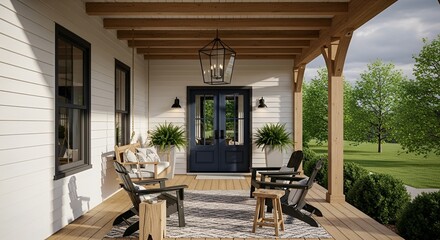 Inviting farmhouse porch with cozy seating, a stylish rug, and a charming lantern, creating a relaxing outdoor space for enjoying the fresh air and serene views of the surrounding greenery