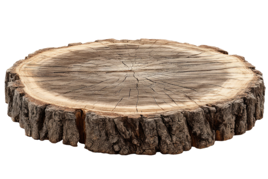 A thick, round wood slice, showing concentric rings and rough bark edges, isolated on a black background