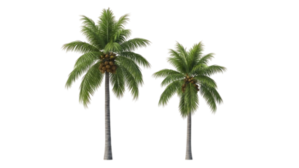 Two coconut palms, different sizes, against a black background