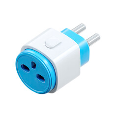 White and blue travel power adapter, 3-prong input, 2-prong output