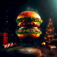 burger levitation with christmas background