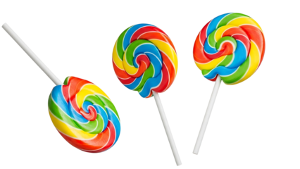 Three colorful swirl lollipops on sticks against a black background