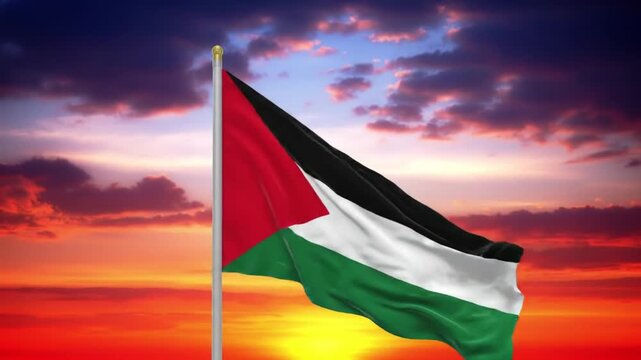 Palestinian flag waving against a vibrant sunset, symbolizing national pride and hope