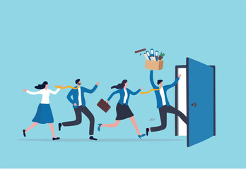Great resignation, employee resign, quit or leaving company, people management or human resources problem concept, business people employee resign and walk through exit door.	