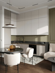 Modern kitchen and living room with white cabinets, soft chairs, and cozy lighting in a minimalist interior design.