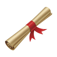 Golden diploma scroll tied with a red ribbon on a transparent background graduation award