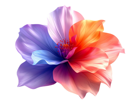 A vibrant, stylized flower with cool-toned blue and purple petals transitioning smoothly into warm-toned orange and red.  Petals appear soft, almost luminous.  
