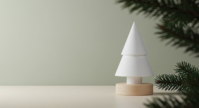 Minimalist white christmas tree decoration with soft green background and fir branches