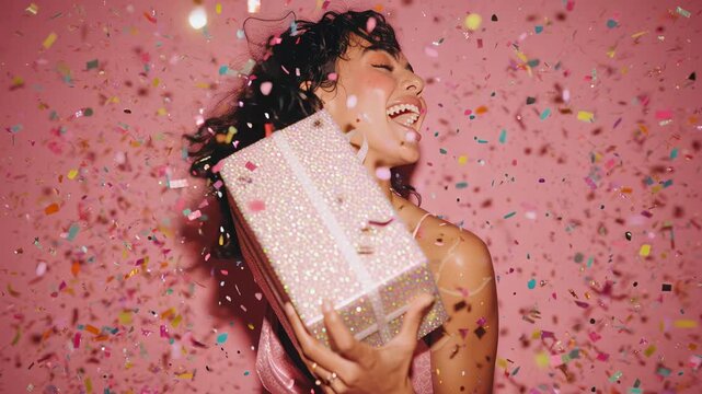 Woman holding pink present with smile and joyful expression. Bright pink background covered in colorful confetti. Concept of celebrations, birthdays, parties, festive events
