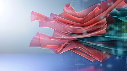 Abstract waves in red hues with digital elements and reflections on a blue surface, creating a modern artistic composition