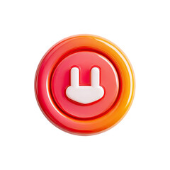 Round, vibrant pink and orange button with a white power plug graphic
