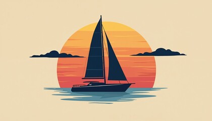 Visual logo illustration of luxury yacht sailing in sea at sunset. Minimalist design of sailboat silhouette with setting sun and clouds. Water transport travel adventure.