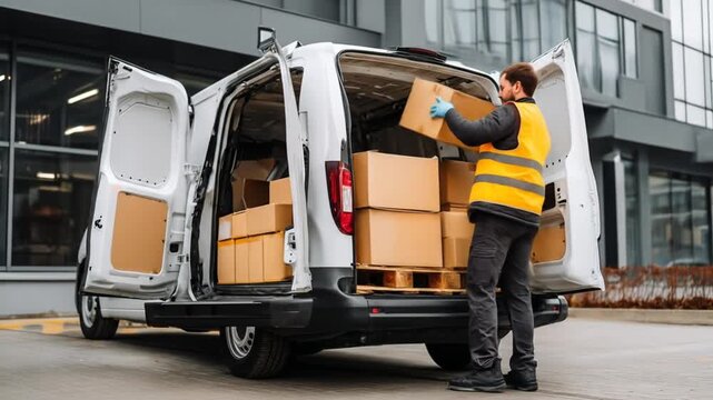 Delivery man loading boxes into a white cargo van with opened doors outside building