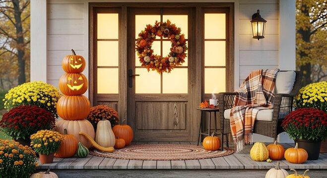 Charming autumn porch adorned with pumpkins, mums, and a wreath, creating a warm and inviting entrance for the fall season, perfect for welcoming guests and enjoying the seasonal beauty