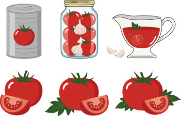 Set of tomato-based food products including a canned tomato, a jar of pickled tomatoes, and tomato sauce, representing cooking ingredients and cuisine.