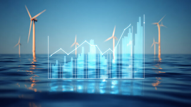 Wind turbines in ocean with overlay of rising energy production graph