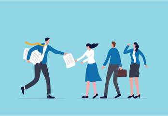 Work delegation, manager distribute work assignment to team member colleagues, assign tasks, job or project to staff responsibility concept, businessman manager delegate project assignment to team.