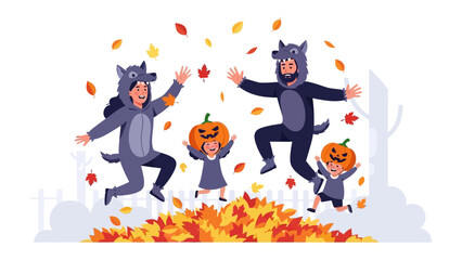 Halloween Fun: A family revels in Halloween joy, leaping amidst autumn leaves, adorned in spirited costumes. capturing the spirit of the spooky holiday.