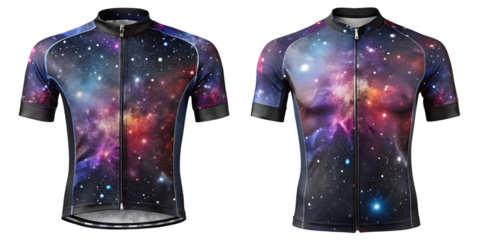 Black Cycling Jersey with Galaxy Print on White Background ,PNG. AI  Generated 