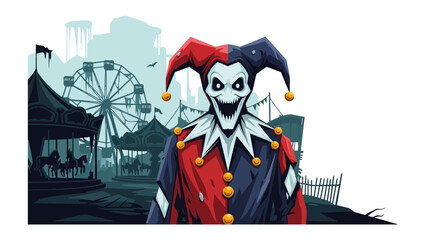 Creepy Carnival Jester :A sinister jester stands with a menacing grin in front of a creepy carnival scene, conjuring an unsettling aura.