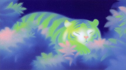 green tiger cub taking a nap in the foliage, chinese new year animal symbol 