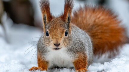 Red Squirrel foraging in a snow-covered forest, showcasing winter adaptations among icy branches.