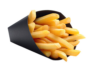 Crispy golden french fries in a dark cone-shaped paper cup