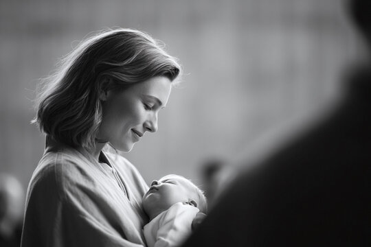 Tender portrait of a mother holding her sleeping baby. Captures love, care, and the bond between parent and child. Evokes warmth and serenity. Ideal for family, health, or lifestyle content.