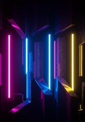 Neon geometric sculpture illuminating the darkness with vibrant futuristic glow