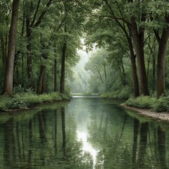 Fototapeta premium Adventure in a lush green jungle with reflecting river nature's beauty deep forest tranquil atmosphere