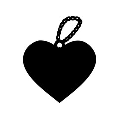 Black heart shaped tag with looped beaded string isolated on white background