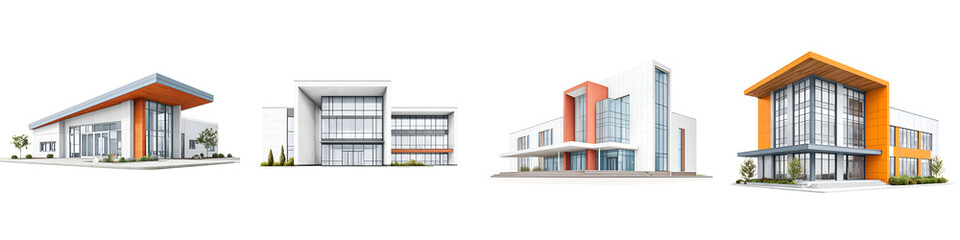 Modern Commercial Buildings: Architectural Designs on White Background
