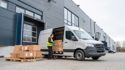 Man loading boxes onto a gray van from a loading dock, wearing safety vest and gloves - Powered by Adobe
