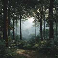 Obraz premium Adventure in the lush jungle exploring green trees and a crystal river nature's serenity soft sunlight viewpoint