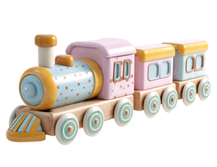 Pastel-colored wooden toy train set with an engine and two passenger cars, featuring polka dots and striped details