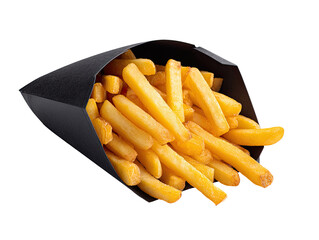 Crispy golden french fries in a dark paper cone