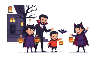 Spooky Night: A whimsical cartoon depicts a festive Halloween scene where children, dressed in playful costumes, light up the night with illuminated pumpkin lanterns. A person, also in costume.