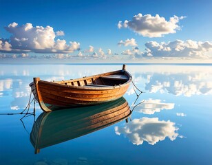 Peaceful wooden boat on tranquil water, mirrored clouds